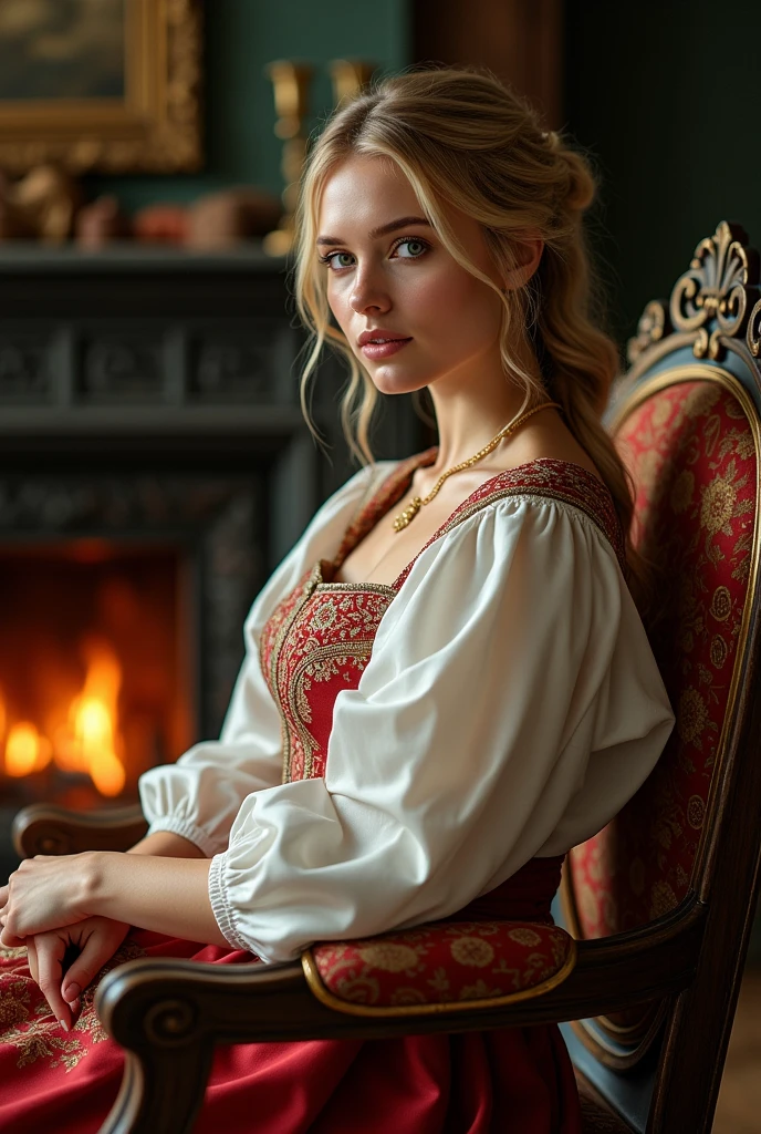 Russian stunning  beauty girl  blonde hair in national  dress  sitting  by fireplace  in a old encrusted  chair full figure  gorgeous  perfect  face