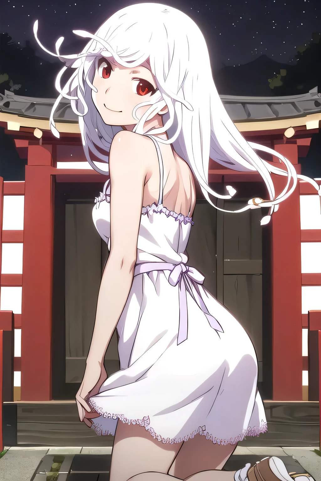 (masterpiece, Highest quality, detailed), One girl, alone, Nadeko 02, Long Hair, Red eyes, Gray Hair, (Snake Hair, Medusa,) Exposing shoulders, clavicle, White Dress,
Outdoor, night, torii, shrine, East Asian architecture, Kneel, From behind, Recall, Butt, sole, Tilt your head, Wicked Smile