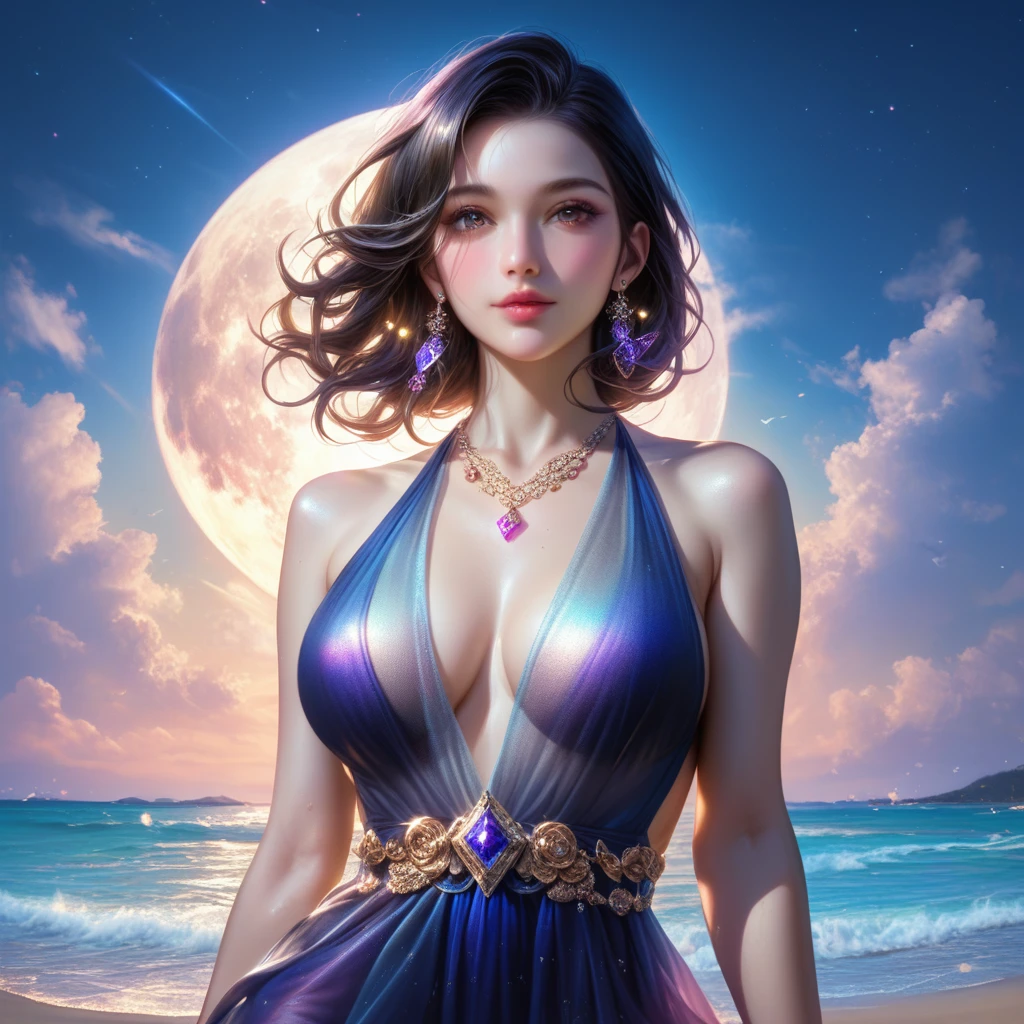 score_9, score_8_superior, score_7_superior, A masterpiece in 32K resolution,Highest quality,it is really amazing,Very detailed,Ultra-high resolution,Ultra-realistic,Realistic,Increased depth of field,Cinematic lighting,
Sexy mature Japan woman,
black straight medium hair,Ultra-detailed and beautiful face,Gentle expression,Translucent white skin,Realistic skin texture,
Elegant swimwear,
Elegant and luxurious design,Colorful color patterns,Beautifully detailed decoration,Detailed fabric texture,
Gorgeous necklace,Earrings,
Coastline at night,delay々A desolate sandy beach that continues,The huge moon illuminates the beach in a fantastic way,Dark clouds floating in the dark night sky,
Low - Angle,