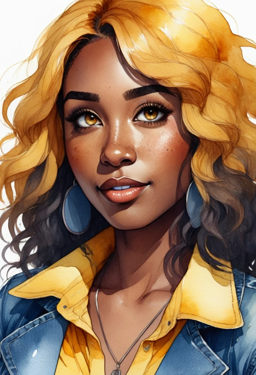 anime,Watercolor illustration of a female character. A beautiful 25-year-old black woman, she has dark wavy hair that falls in a cascade. She has striking eyes and freckles on her face. A woman is wearing a yellow blazer over a blue tank top and denim shorts..vector art, cartoon style illustration,