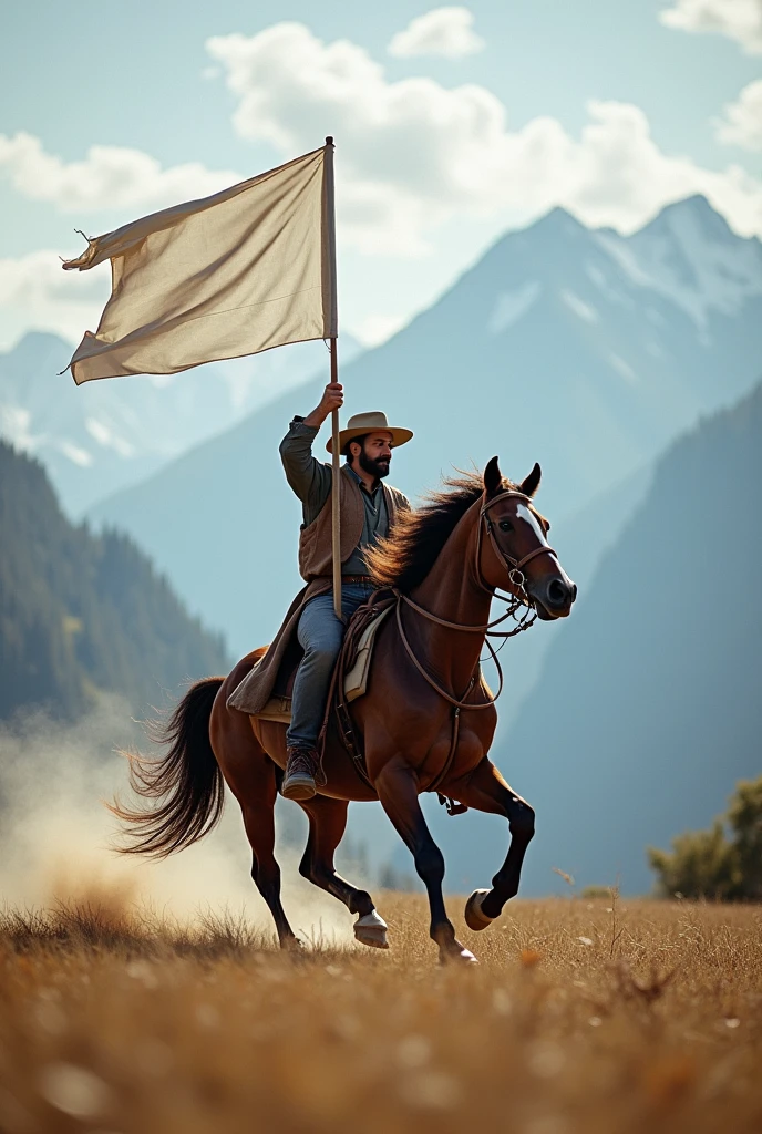 a man riding  a  fast horse in mountains with a big white flag in his hand,