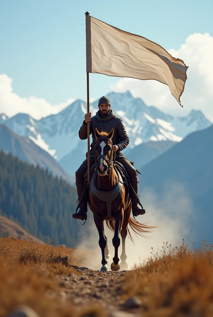 a man riding a fast horse in mountains with a big white flag in his hand,