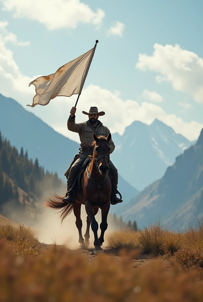 a man riding a fast horse in mountains with a big white flag in his hand,