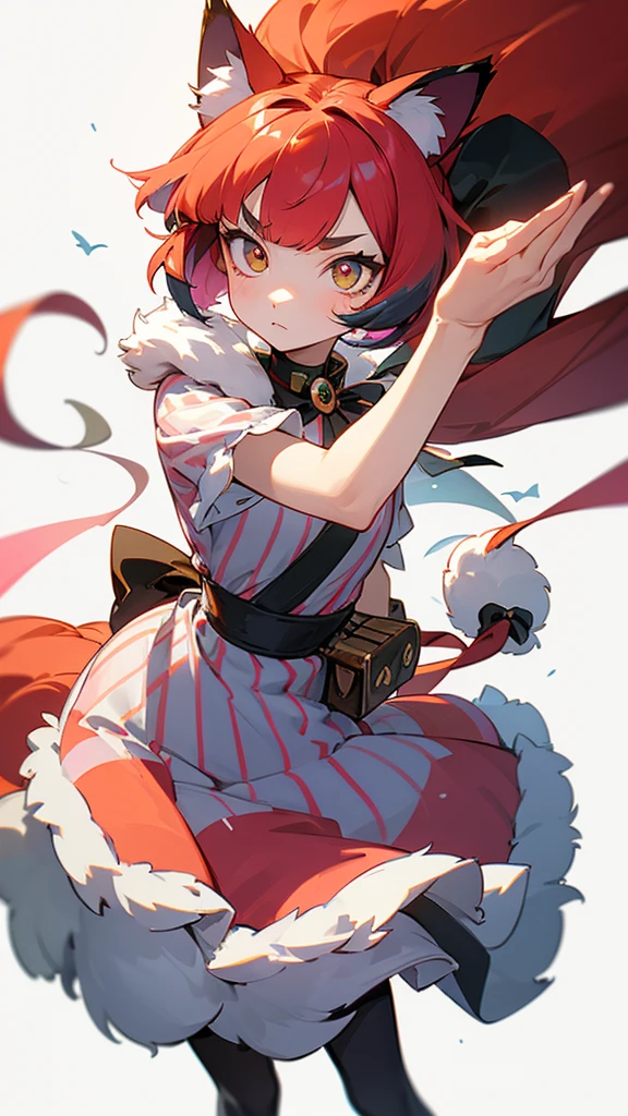 (Anthropomorphic: 1) Hachiwara girl with cat ears, colorful fur, and slender limbs. She has bright, almond-shaped eyes that shimmer with intelligence. Her long, fluffy tail sways gracefully as she moves. With her (multicolored hair) styled in a cute bob-cut, she possesses a youthful and playful appearance. Her soft, round face is adorned with (cat-like thin whiskers), adding to her feline charm. Wearing a (striped dress) that matches her vibrant fur, she carries a small, square bag in her delicate hands.

One girl, solo, Simple Background, Anatomically correct, 