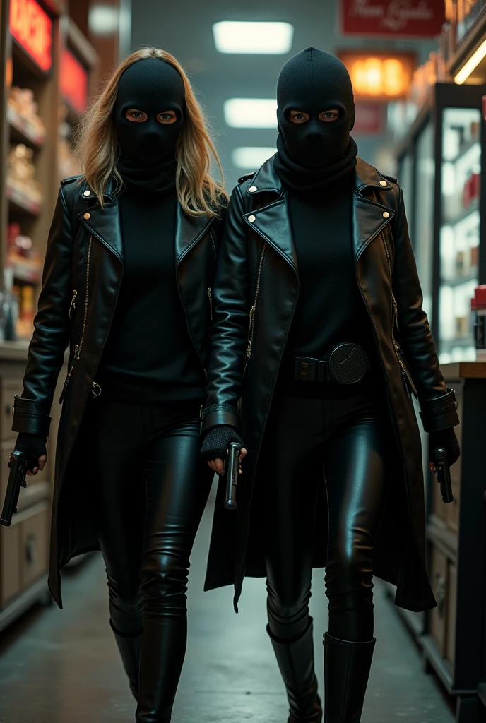 scarlett johansson et natalie portman qui fait on braquage dans un magasin pour vider la caisse avec elle porte une cagoule et elle porte des gants en cuir et elle porte des bottes en cuir et duex pistolet