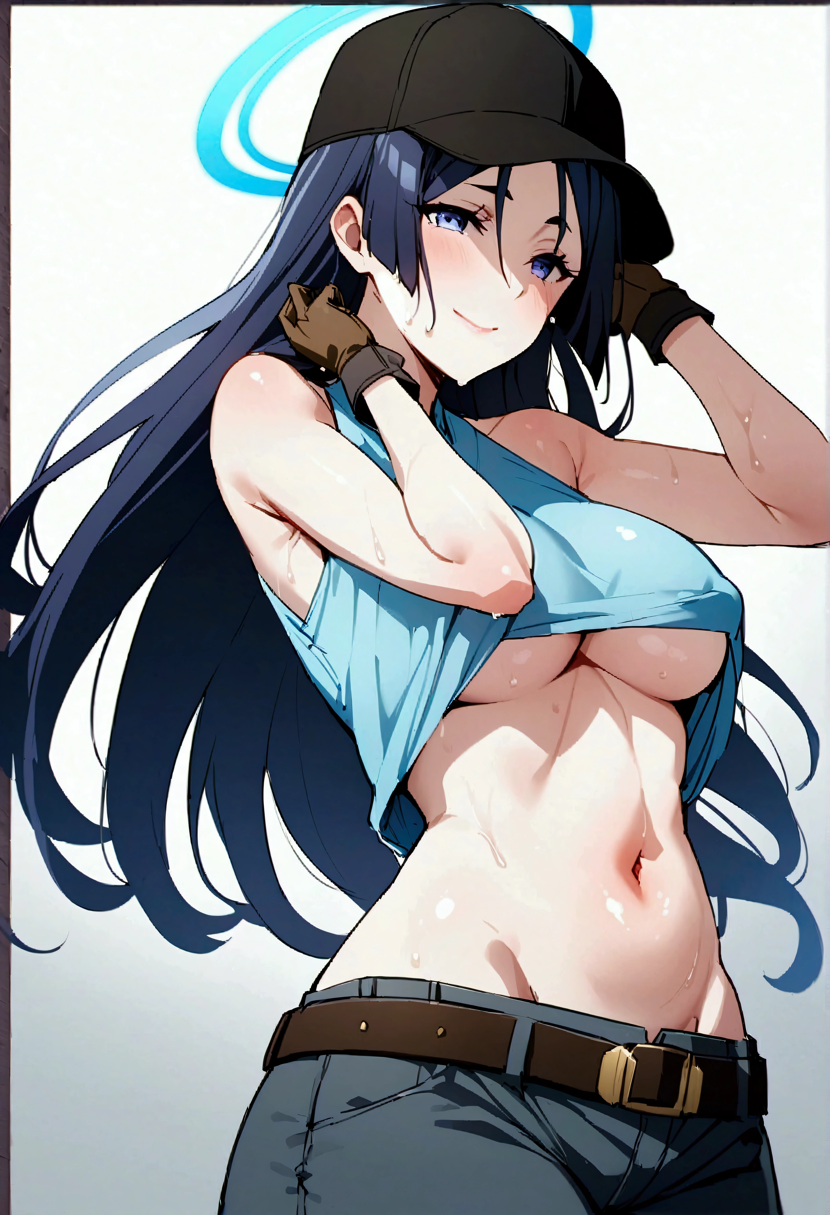 masterpiece、Highest quality、One mature woman、Raikou、A motherly smile、score_9、score_8_up、score_7_up、score_6_up、source_アニメ、、gen、Oiled skin、Wet、Shiny skin、Dripping、One girl、Saori(Blue Archive)、solo、chest、belly button、Underarm、hat、stomach、Long Hair、blue eyes、口mask、gloves、mask、Crop top、Halo、No sleeve、大きなchest、pants、Baseball cap、No sleeveshirt、abdomen、Blue Hair、黒いhat、Raise your arms、shirt、See who's watching、黒いgloves、黒いshirt、Bare shoulders、Cowboy Shot、belt、Simple Background、Pulling on clothes、黒いpants、holster、Bare arms、黒いbelt、Black Hair、Are standing、Underarmを見せる、Outdoor、sunny、