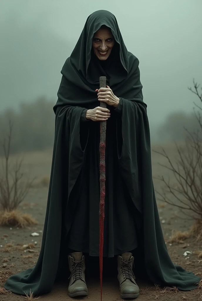 Old woman wearing a black veil scary face Standing on the ground and smiling Carrying a long, blood-stained inheritance Wear dark brown boots.