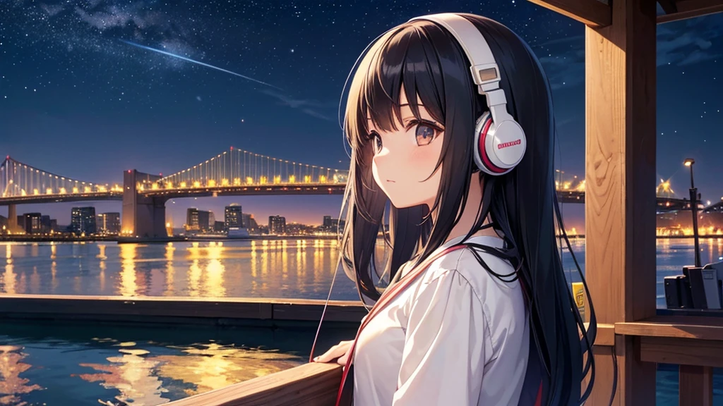 Enjoy boat racing at Suminoe Boat Races。A young girl with black hair wearing stylish clothes and headphones labeled "lo-fi" The girl is shown in profile, gazing into the distance with a calm, relaxed expression Background depicts the iconic scenery of Namba, Osaka at night, without any text on signs A starry night sky adding to the peaceful atmosphere Overall mood is quiet and serene, perfect for lo-fi music Detailed hair rendering and careful attention to the girl's fashionable outfit The entire scene should evoke a relaxing, introspective feeling associated with lo-fi music
