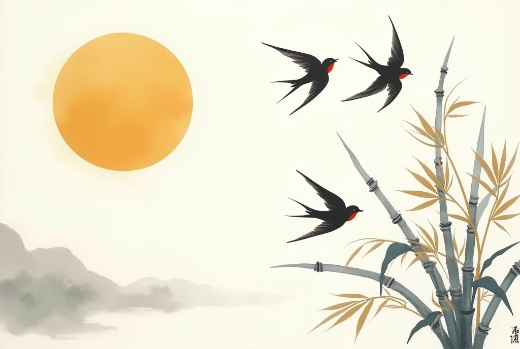 A golden sun, two swallows flying among bamboo leaves, Chinese style ink painting, minimalist composition with a minimalist color field, white background with the black text "aiding size" in the middle of the canvas, 50cm x 60 cm, in the style of a minimalist, simple and elegant, colorful, brush strokes, flat painting, high resolution, 3D rendering.