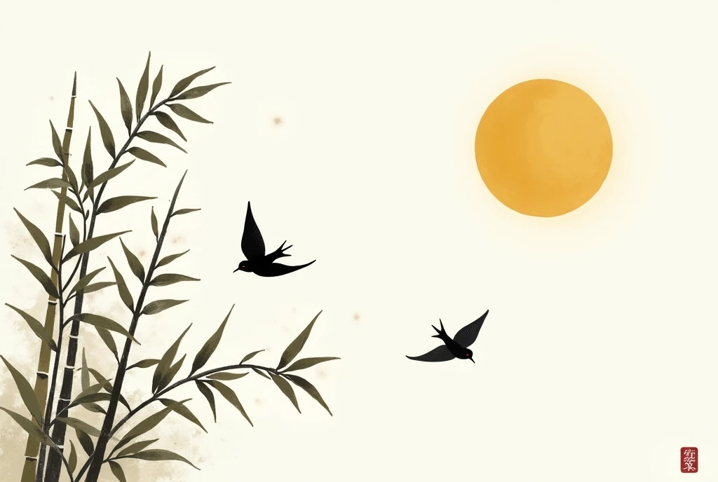 A golden sun, two swallows flying among bamboo leaves, Chinese style ink painting, minimalist composition with a minimalist color field, white background with the black text "aiding size" in the middle of the canvas, 50cm x 60 cm, in the style of a minimalist, simple and elegant, colorful, brush strokes, flat painting, high resolution, 3D rendering.