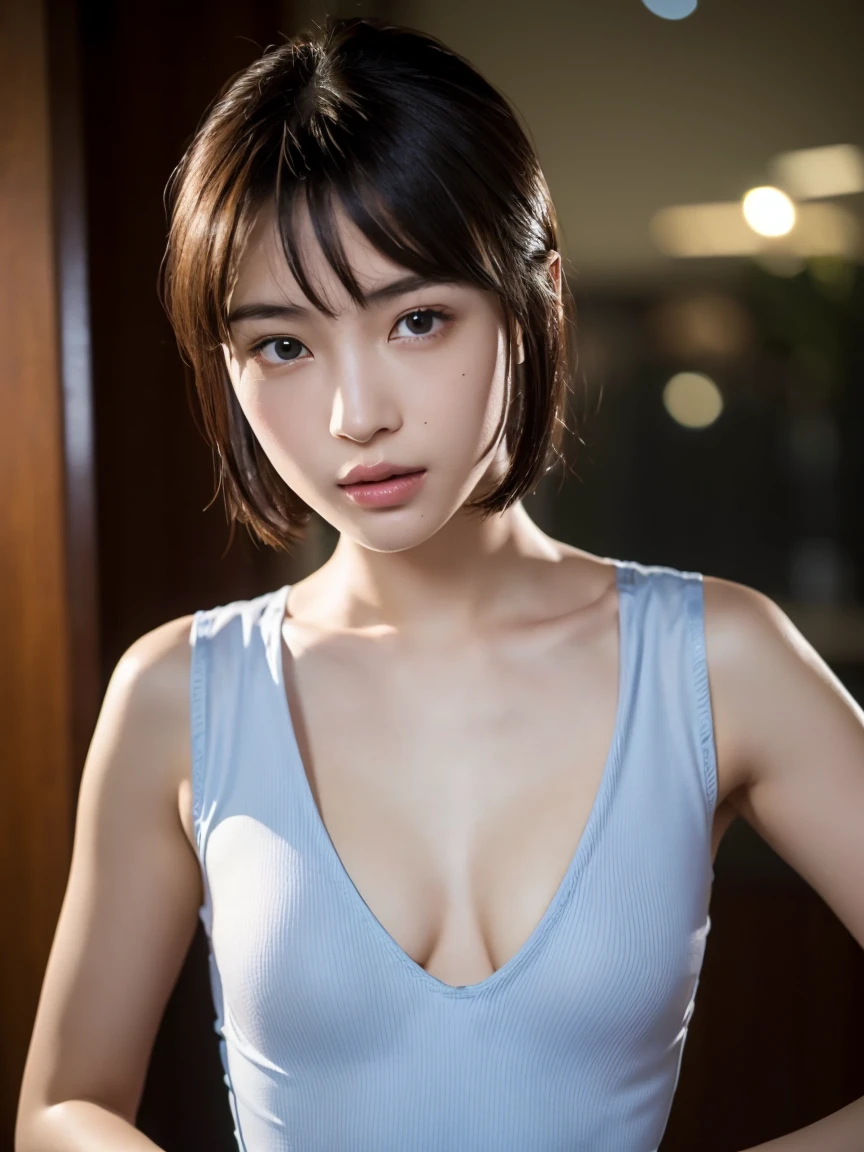 (masterpiece:1.2), Very detailed, Ultra-high resolution, (Realistic, photo Realistic:1.6), High-resolution RAW color photos, Professional photos, Sharp focus:1.2, (Very detailed顔と肌の質感, Very beautiful eyes, Glossのある肌, Glowing Skin, Glowing Skin, Shining Face, Gloss, Oily skin, greasy face, Oily skin, greasy face,),, (real Glossのある肌 texture), Perfect Anatomy, Very detailed背景,(Office at night),1 female,25-year-old woman, Japanese women,Height: 168cm,(short hair, Straight hair, bangs, Brown Hair),((Flat Chest:1.6)),(Slim, thin legs), ((((Sleeveless tight knit mini dress、Detailed bra worn inside the dress:1.2)))