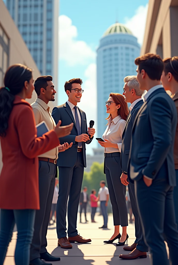 News reporter with group of people 
