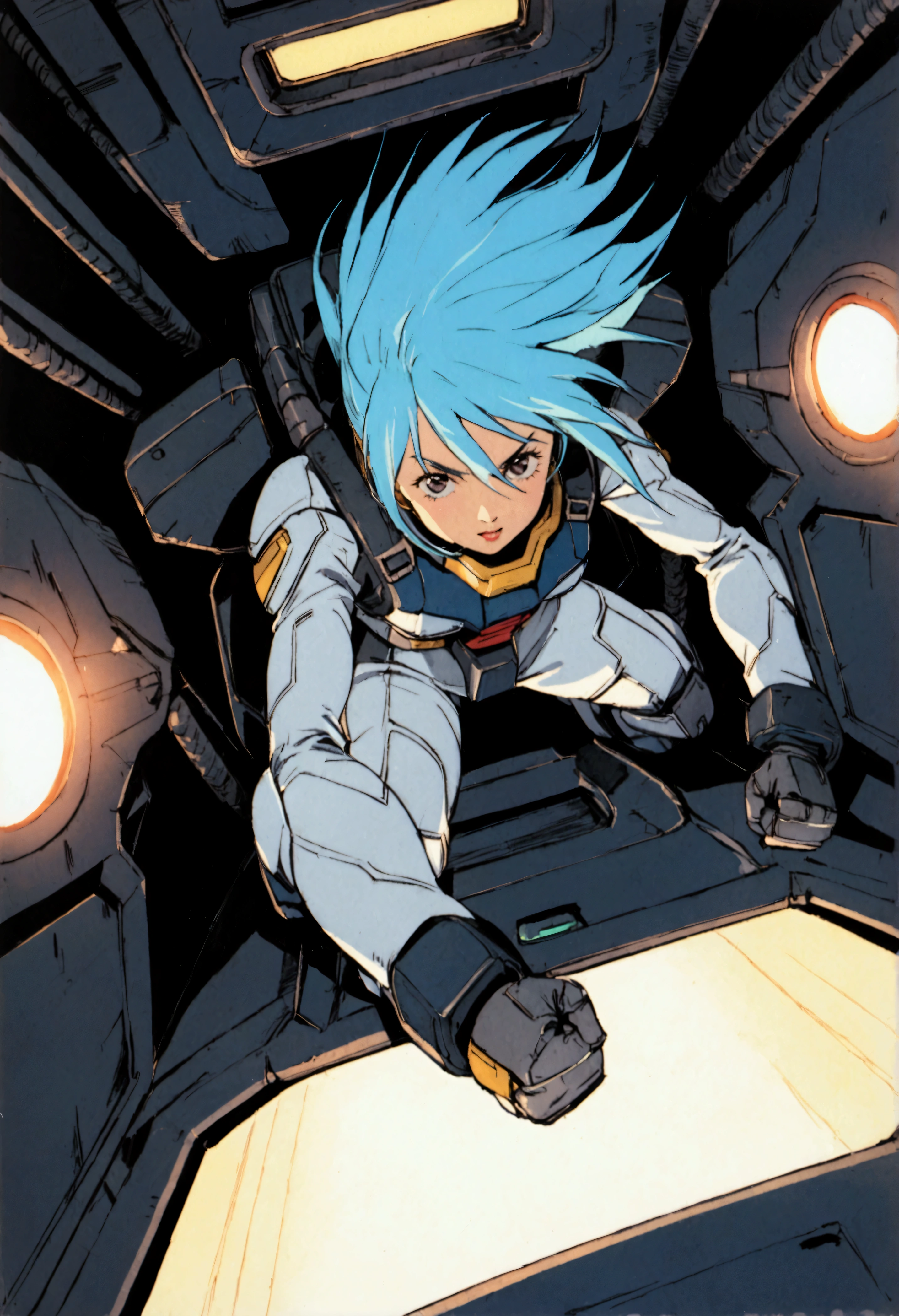 Gundam Wing Cockpit、Futuristic Suit、20-year-old、Very beautiful woman、solo、Blue Hair、Shortcuts、The meter lights up、Raise your fist and shout、Dynamic pose、Shooting from above with a wide-angle lens。