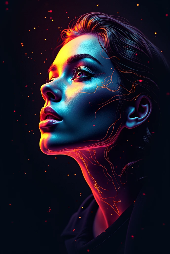 ((Ultra-Langzeitbelichtungsfotografie)) High quality, Highly detailed, Colorful beautiful woman silhouette made from thousands of neon dots, beautiful silhouette, Electronic devices such as a very light gray PC in the background, Highly detailed,