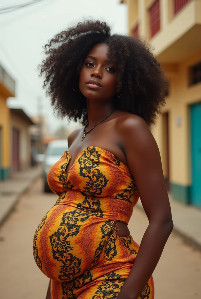 A brunette girl with curly hair and big breasts and buttocks, taking a realistic African photo dressed with modesty with amateur photo several photos in dakar of this kind.
