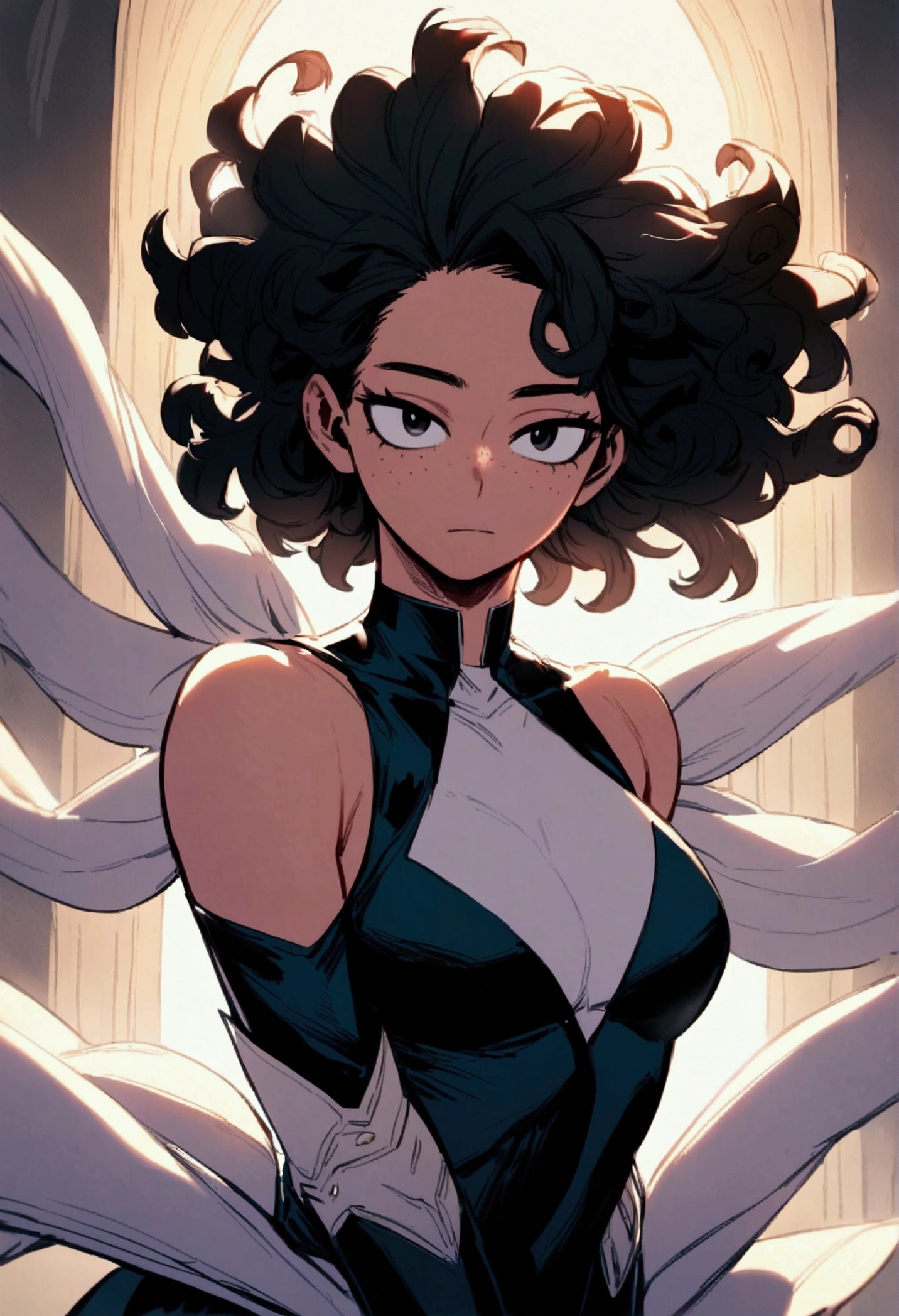My hero academia, feminine male with curly black hair and black eyes with freckles,