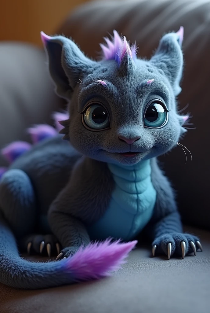 (photorealism:1.2), A furry dragon, dark grey fur. a blue and purple fading main, laying on couch which is too small