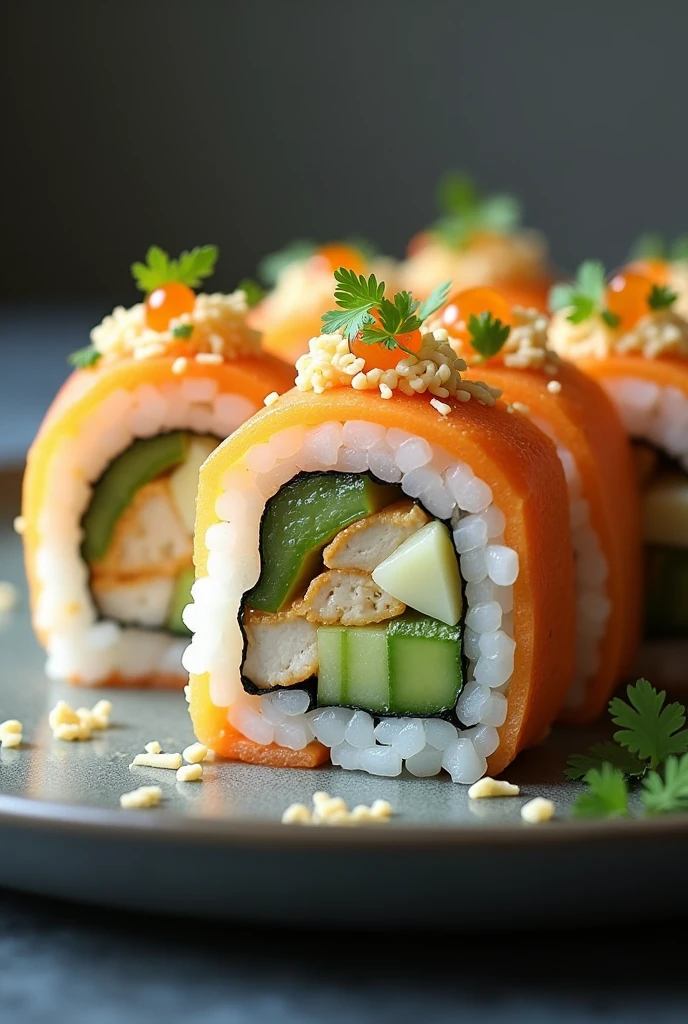 A sushi roll, with chicken white kabab, thinly sliced cucumber, onion, and garlic coriander myo sauce as filling topped with tossed chese and tobiko