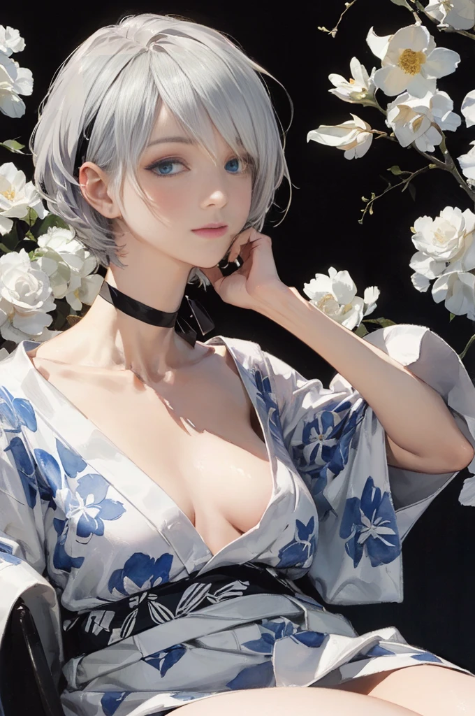 {(slender body:1.2),(small breasts),(carefully drawn eyes:1.4),(captivating eyes:1)},
BREAK,{(sensual look:1.4),(erotic face:1),(very ecstasy:1.2),(writhing:1.4),half open eye},
BREAK,{(realistic anime illustration style:1),(watercolor image:1.2),(sketch drawing),overall light color},
BREAK,{(look away:1.2),(obscene pose:1.2),(arched back:1.2),(arch your neck:1.4)},
BREAK,{(simple black background:1.4),((full large moon night:1.4),(cast a glay shadow on the background:1.4),(out of focus background:1.8)},
BREAK,{(black headband:1.4),(colorful floral large pattern on black colored yukata:1.4),(disheveled yukata:1.4)},
BREAK,{(clavicle:1.2),(cleavage between breasts:1),(shoulder:1.2),(thigh:1.4),(armpits:1),(sweat on the neck:1.2)},
BREAK,{solo, (2B of Nier Automa:1.2)), (white_silver colored hair:1.4), short cut hair, (blue eyes,Shining beautiful eyes:1.4)},
BREAK,{(masterpiece,best quality, 8K UHD, extremely detailed CG, detailed beautiful face and eyes and skin and hair)}