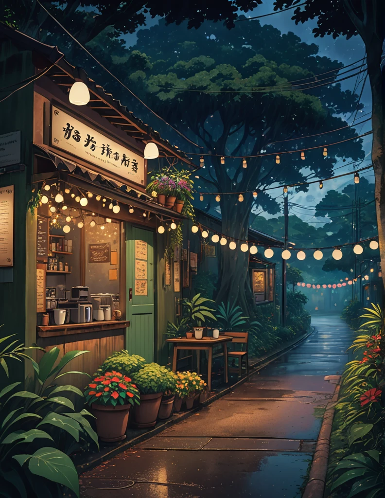 super wide perspective, string lights, hanging pots, ghibli anime scene, coffee shop in the woods, moody weather, leaves falling from tree, light bubble around street light, under a big banyan tree, street light, poles and wires, tropical leafy plant pots, menu board, sign board, long grass with wild flowers, in the middle of nowhere, vibrant color tones, ghibli style, no humans, scenery, masterpiece, high resolution