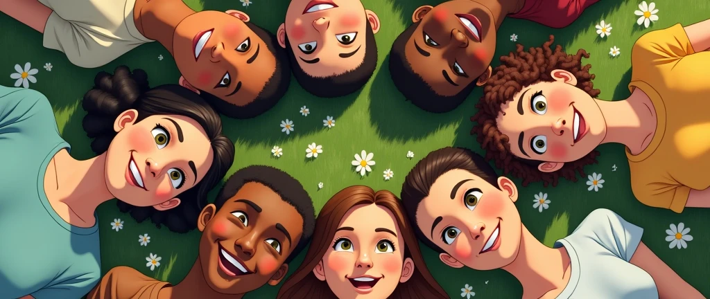 Top-down view of faces from various races and skin tones, smiling while lying on the ground in a circular formation, captured only up to the chest, with a Ghibli-style aesthetic. [2] Detailed faces with soft, expressive eyes and natural smiles, showcasing the diversity of skin tones with subtle, warm highlights. [3] The environment is a lush, sunlit meadow with scattered wildflowers, the ground a soft, green carpet of grass. [4] The mood is serene and joyful, evoking a sense of unity and peaceful connection, with a gentle breeze rustling through the scene. [5] Ghibli-style illustration with hand-drawn elements, watercolor textures, and soft, pastel colors. [6] Executed using traditional animation techniques, with a focus on smooth, fluid lines and organic shapes, rendered with high-definition hand-painted details. [7] Negative prompt: dark shadows, harsh lines, overly saturated colors, digital artifacts, abstract backgrounds, static poses, distorted facial expressions, monochrome tones, low-resolution textures.