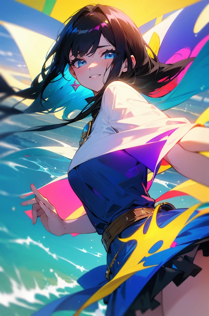 (masterpiece, Highest quality, 8k, 4K, Insane Details, Vibrant, beautiful, One girl), Black Hair、Straight Hair, Bright Blue Eyes, Wearing a cute ruffled dress, Background beach, smile, Beautiful Eyes, Beautiful Face, Perfect body, Perfect hands, Cowboy Shot
