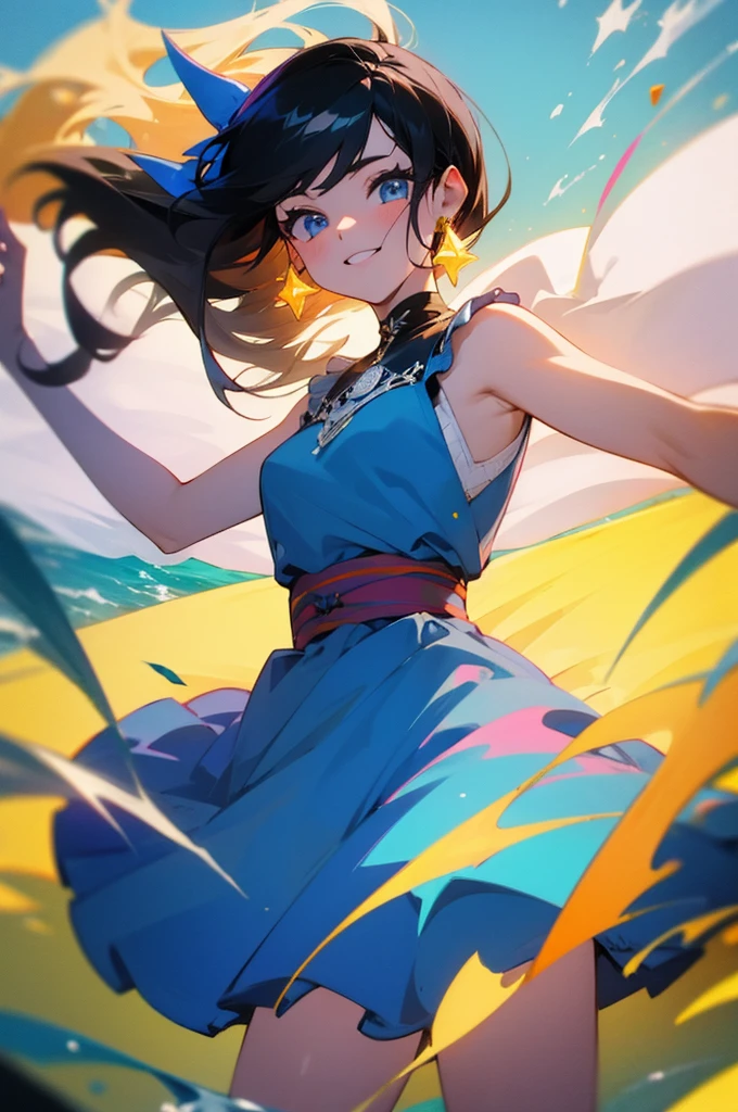 (masterpiece, Highest quality, 8k, 4K, Insane Details, Vibrant, beautiful, One girl), Black Hair、Straight Hair, Bright Blue Eyes, Wearing a cute ruffled dress, Background beach, smile, Beautiful Eyes, Beautiful Face, Perfect body, Perfect hands, Cowboy Shot