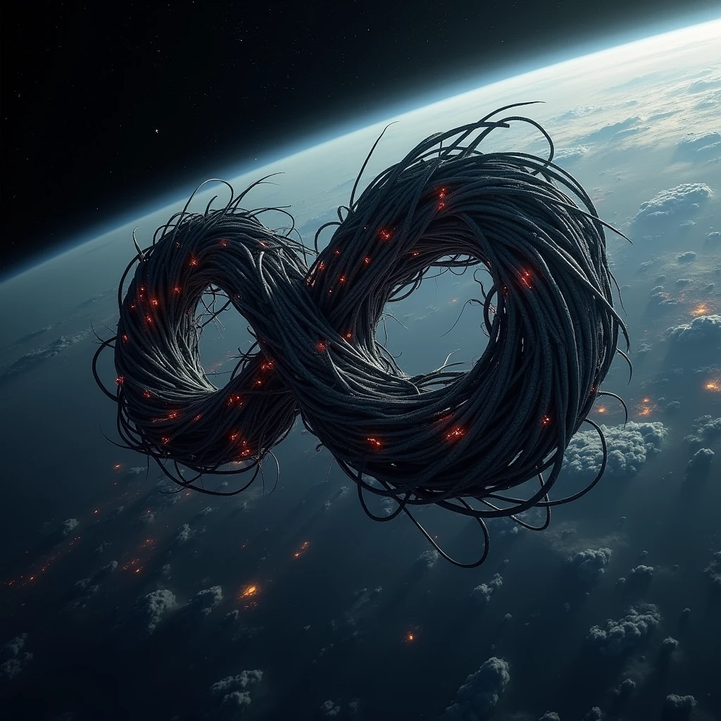 an alien space ship in the form of infinity, flying in the earth's atmosphere, its whole body is rotating in a tangled way which make a shape of infinity