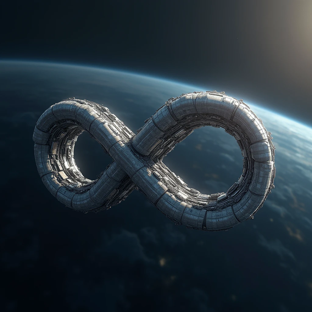an alien space ship in the form of infinity, flying in the earth's atmosphere, its whole body is rotating in a tangled way which make a shape of infinity