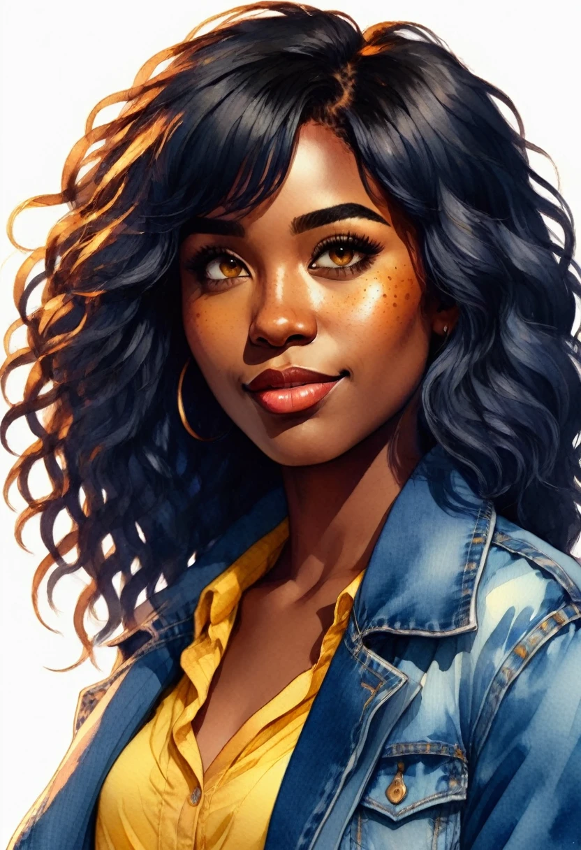anime,Watercolor illustration of a female character. A beautiful 25-year-old black woman, she has dark wavy hair that falls in a cascade. She has striking eyes and freckles on her face. A woman is wearing a yellow blazer over a blue tank top and denim shorts..vector art, cartoon style illustration,