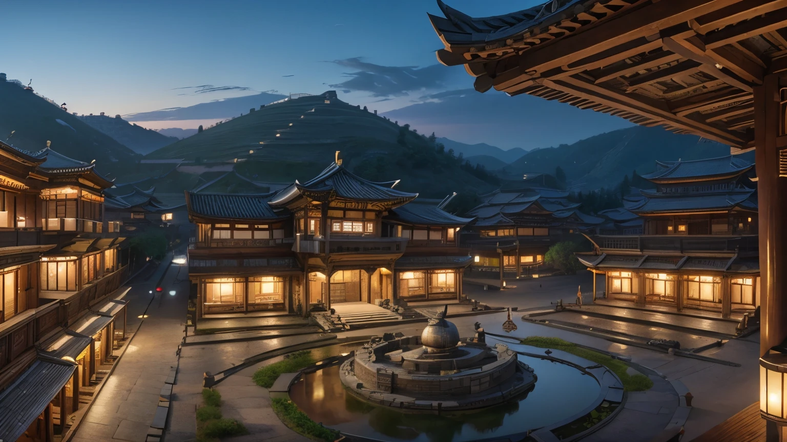 "A panoramic view of a [ancient chinese city], showcasing (((master craftsmen and scholars))) in action, surrounded by elements of traditional architecture. The setting should reflect the atmosphere of innovation, featuring (((tools, pergaminhos, and scientific instruments scattered.)))"