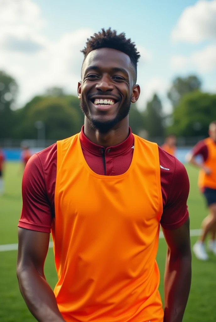 A football player with a happy face wearing a training vest, on a background with a football field along with other players in the background 
