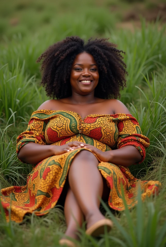 A brunette girl with curly hair and big breasts is sitting with legs outstretched, taking a realistic photo African dressed Malian modestly with amateur photo