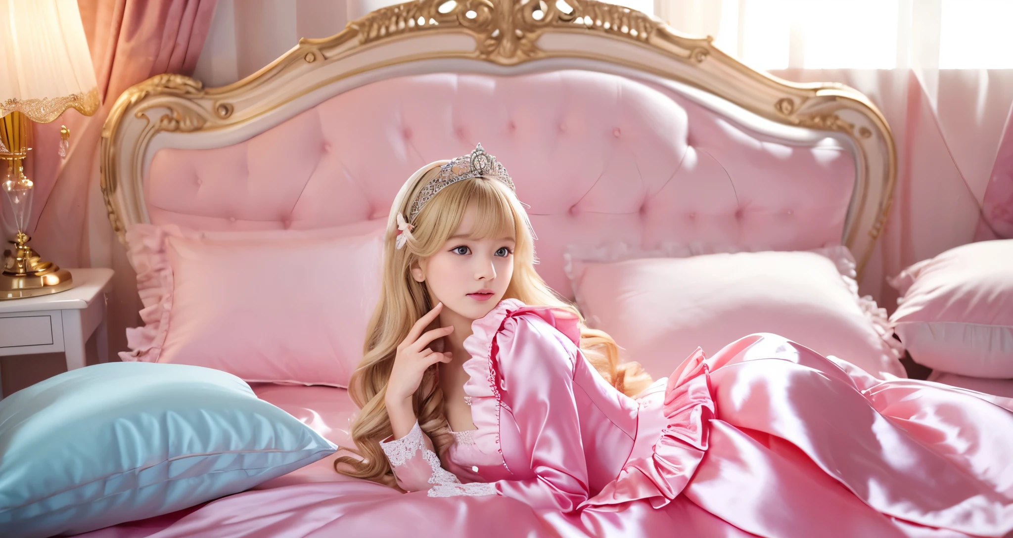 ,highest quality, masterpiece, highest resolution, artwork, super それにget used to it, many get used to it, get used to it, それにget used to it, 3K realistic photos,,(( When I was 10 years old)),Super detailed baby face,She is a princess,Full length ball gown dress with hoop skirt,ruffled yoke collar,puff sleeves,long sleeve,((Lolita style hot pink detailed princess satin dress、Comes with lots of frills and ribbons。)),colorful rococo fashion,shiny satin dress,Soft and smooth fabric,luxury,long blonde hair,blue eyes,white skin european,pajamas,((inside the palace)),,,(( When I was 10 years old)),Super detailed baby face,Full length ball gown dress with hoop skirt,long skirt,ruffled yoke collar,puff sleeves,腰まで伸びるlong blonde hair,blue eyes,white skin european,pajamas,((inside the palace bedroom)),ピンクのシルクサテンのluxuryなcanopy bedの上,canopy bed,Luxurious curtains on both sides of the bed,many frilly pillows on the bed,super detailed background,Detailed bed,romantic atmosphere,little princess is lying on the bed,hug a pink pillow,((((Both legs are hidden in the dress)))),the dress is spread out on the bed,soft pink silk satin comforter,soft silk satin ruffled pillow,Beautiful girl illustration,detailed beautiful face detailed hair,detailed human eye ,detailed mouth, arm details,detailed hands,Detailed pillow,