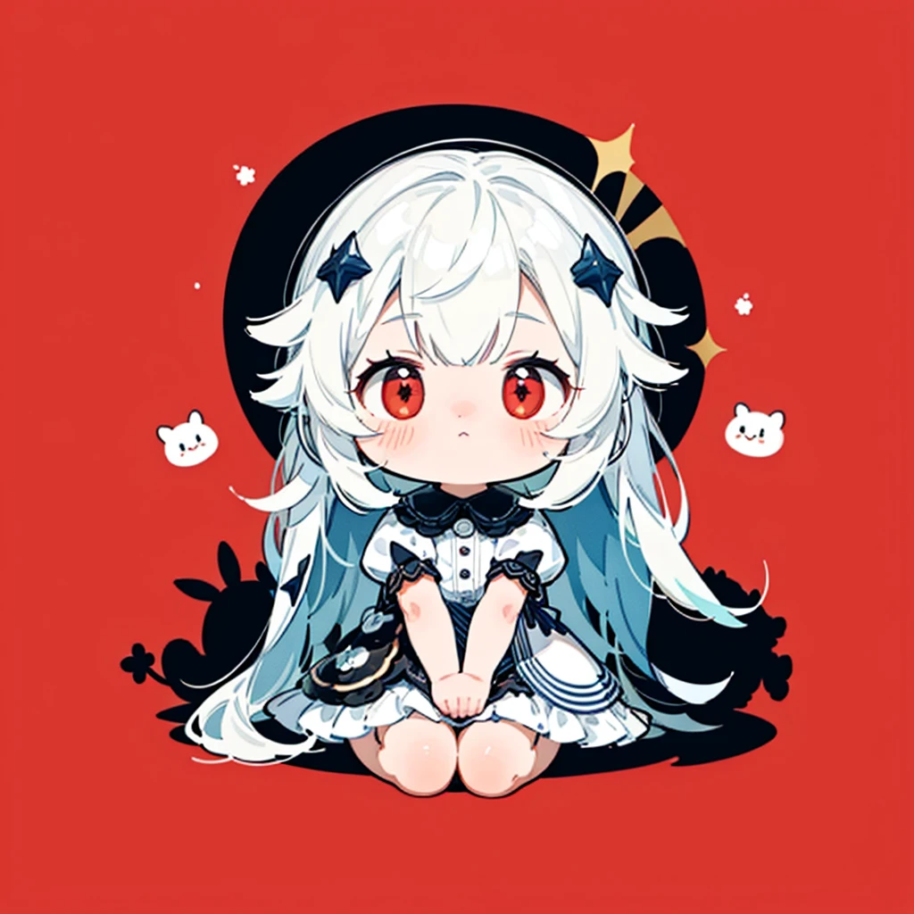 Little、cute、Highest quality、Masterpiece、Award-winning works、Full HD、Ultra-high resolution、Best aesthetics、Highest quality foot depiction、Anime Style、Flat Avatar、Milky white hair color、Long Straight Hair、Sitting with her legs stretched out、Inside a circular shape、Chic black and red dress、Holographic transparent seven-color background、Sanrio Character Plush Toys、