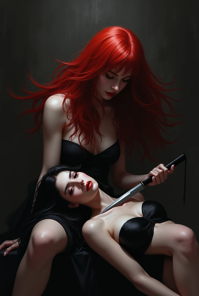 A red-haired woman with long hair, sitting on the lap of a white woman with long black hair, sending a knife into the white woman's neck