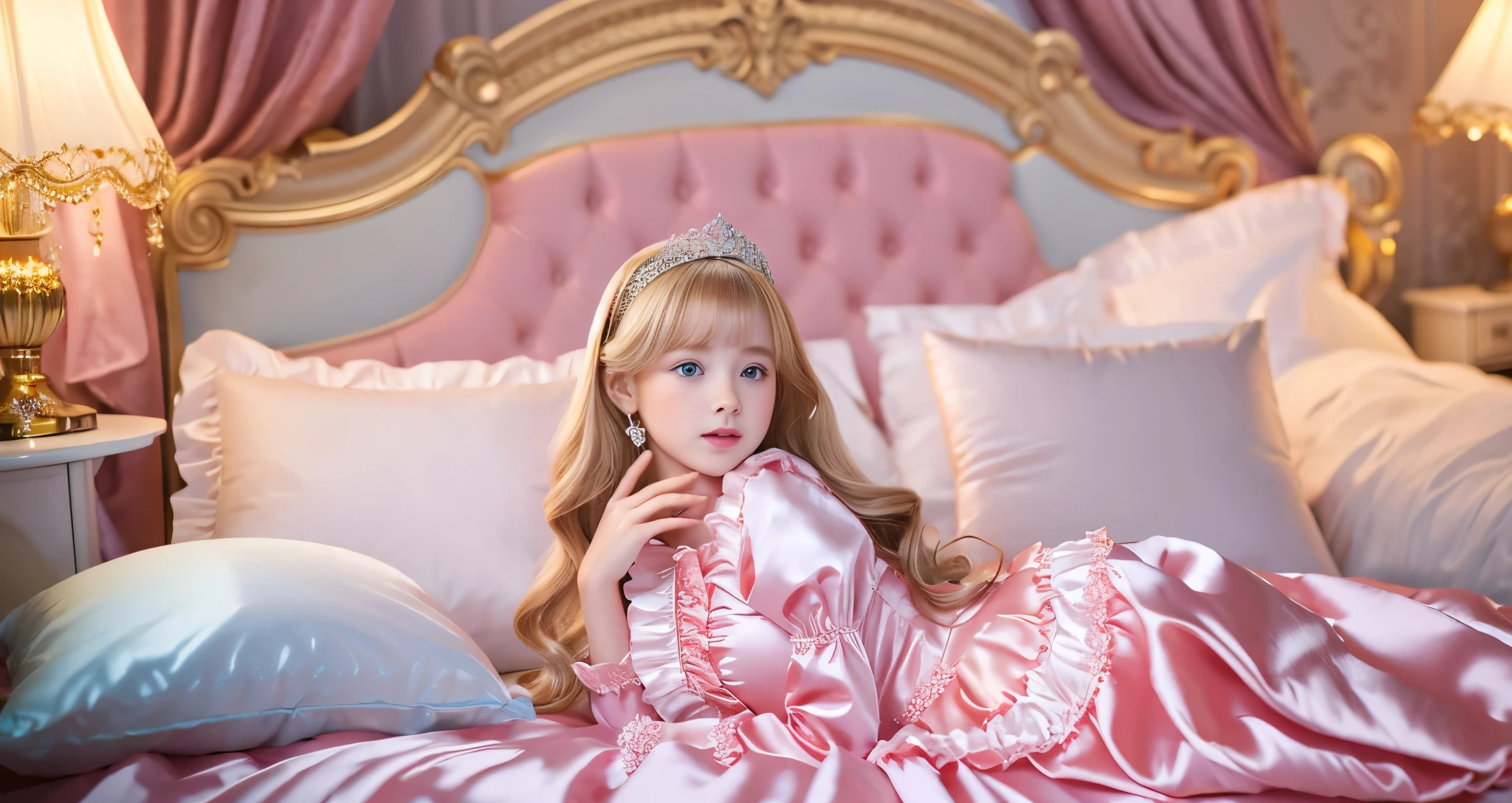 ,highest quality, masterpiece, highest resolution, artwork, super それにget used to it, many get used to it, get used to it, それにget used to it, 3K realistic photos,,(( When I was )),Super detailed baby face,She is a princess,Full length ball gown dress with hoop skirt,ruffled yoke collar,puff sleeves,long sleeve,((Lolita style pink detailed princess satin dress、Comes with lots of frills and ribbons。)),colorful rococo fashion,shiny satin dress,Soft and smooth fabric,luxury,long blonde hair,blue eyes,white skin european,pajamas,((inside the palace)),,,(( When I was 10 years old)),Sd baby face,Full length ball gown dress with hoop skirt,long skirt,ruffled yoke collar,puff sleeves,腰まで伸びるlong blonde hair,blue eyes,white skin european,pajamas,((inside the palace bedroom)),ピンクのシルクサテンのluxuryなcanopy bedの上,canopy bed,Luxurious curtains on both sides of the bed,many frilly pillows on the bed,super detailed background,Detailed bed,romantic atmosphere,little princess is lying on the bed,hug a pink pillow,((((Both legs are hidden in the dress)))),the dress is spread out on the bed,soft pink silk satin comforter,soft silk satin ruffled pillow,Beautiful girl illustration,detailed beautiful face detailed hair,detailed human eye ,detailed mouth, arm details,detailed hands,Detailed pillow,