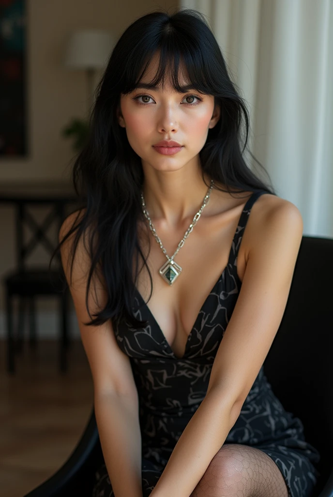 (((8k、High resolution、Highest quality、High resolution)))alone、 Natural body shape、White skin、Natural Makeup、((Black Hair、bangs、Straight Long Hair))、(((Sitting on a chair)))、Incredible beauty、Beautiful mature woman, (:1.4)、(())、(((((Full body photo)))))、(((Looking into the camera)))、((Super realistic modern patterned pantyhose)), (Modern cut high-neck dress with abstract Art Nouveau print in monochrome:1.4), accessorized with (minimalist geometric silver necklace:1.2), and (stylish matte black stilettos:1.1). (Dress and pantyhose), (Shot from below:1.7),