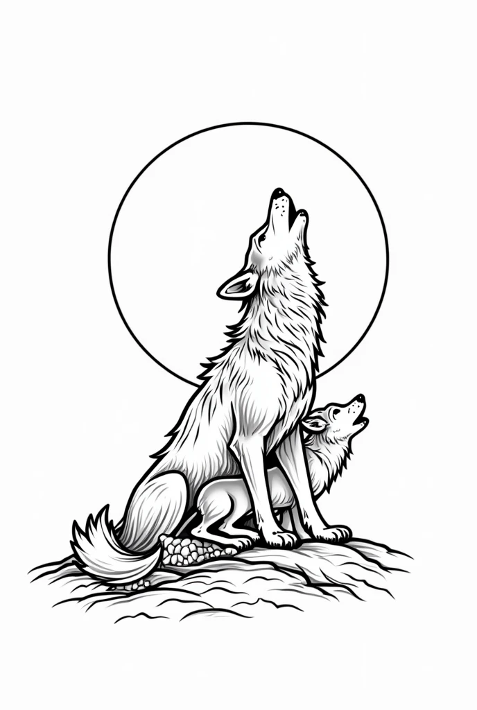Would you like a basic tattoo of a big wolf and its little baby? (Vector mode with multiple lines) and both howl in the same direction Model of only lines or strokes as if it were an image to paint. That the image is not full body but like a half moon