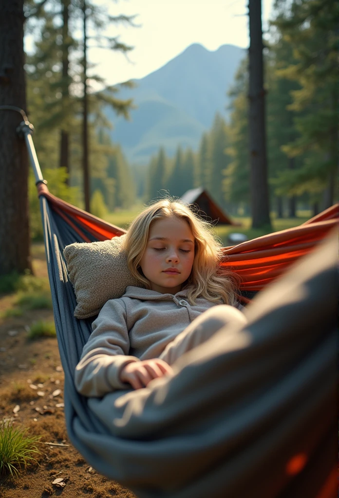 Close-up dynamic angle, masterpiece, surreal, realistic, Detailed details_blonde girl, Detailed details 해먹에서 자고, Pajamas, (Travel babes), forest, tree, Mount, tent, picnic, adventure  