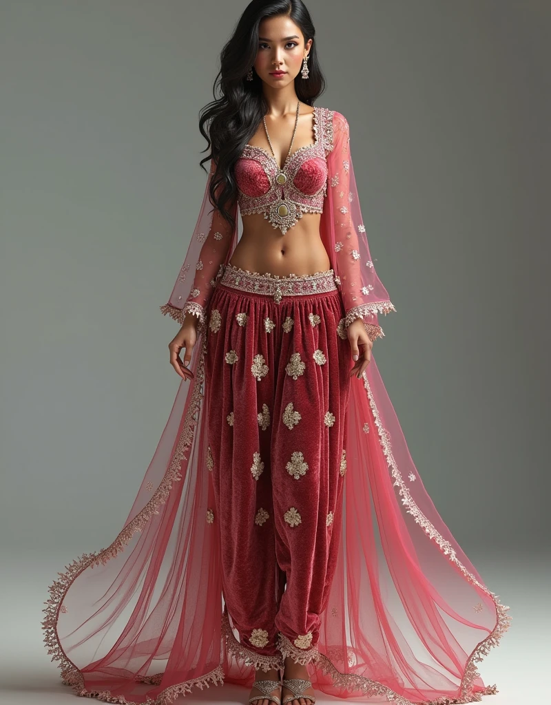 ultra-detailed 3d character of the highest quality, arab-indian mature woman as beautiful as the miss universe, Her outfit is complex and colorful, She's wearing a metallic crimson velvet indian sari top, She's wearing translucid iridescent arabian pants, She's wearing translucent light blue arab harem pants, She's wearing a sparkling seethrough golden see-through floor-length skirt, She's wearing a sparkling light gray silk open robe over the clothes, She's wearing open-toe high heeled sandals, She's wearing intricate sheer white lace bridal gauntlets.