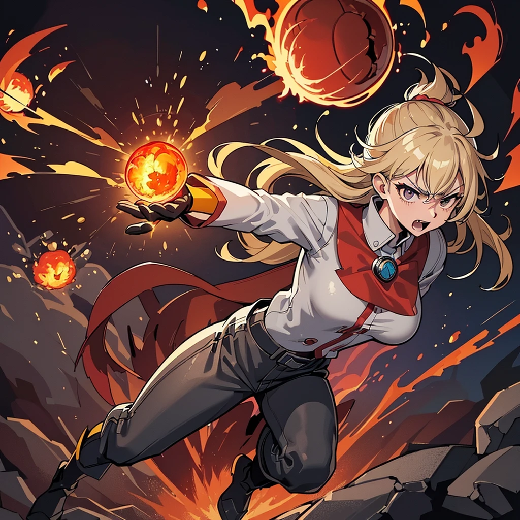 ((((Solo))))、Best illustrations、Best Quality、(Full body character concept、Character Design)、(((Grey Armor、Black trousers、Black gloves))、(woman、18-year-old)、(Blonde、Long Hair)、(Get Ready、Run)、(get annoyed、Open your mouth)、(Particles of light, light, fireball、inflammationの玉、inflammation、inflammationの魔法、Deathblow)、Dramatic Angle、Both hands in front、Diagonally below