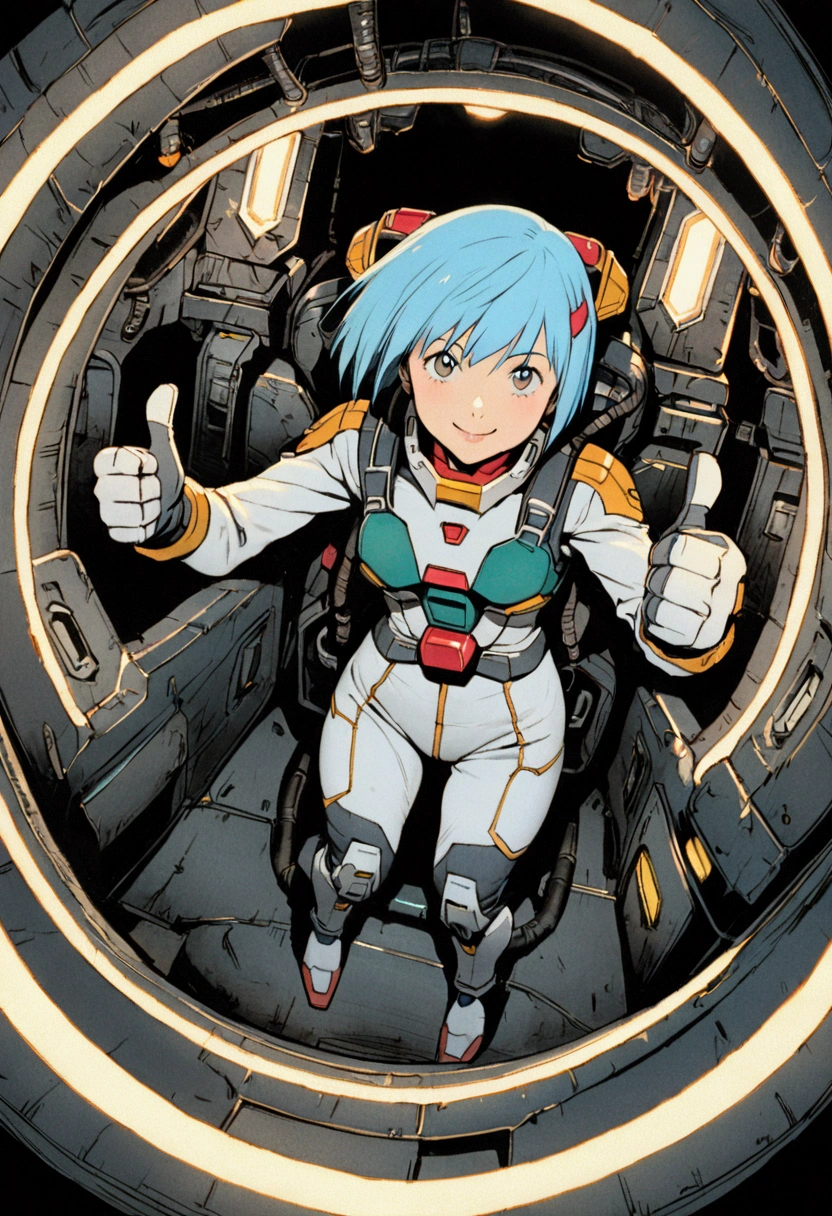 Gundam Wing Cockpit、Futuristic Suit、20-year-old、Very beautiful woman、solo、Blue Hair、Bobcut、The meter lights up、Thumbs up、smile、Dynamic pose、Shooting from above with a wide-angle lens。