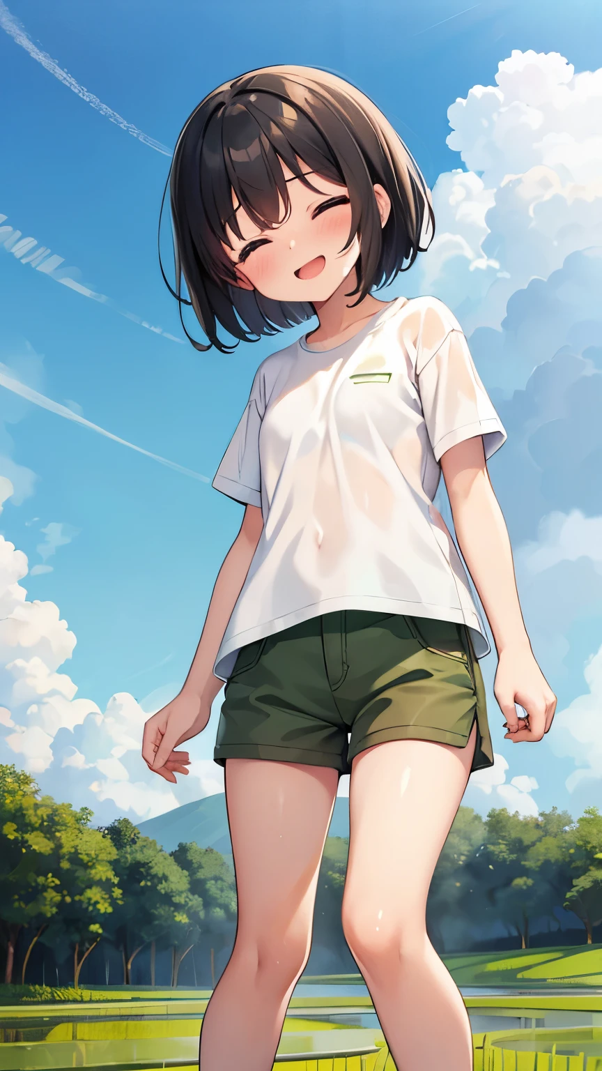 Paddy field,smile,Are standing,close your eyes,1. small ,short hair,Black Hair,blush,White T-shirt,Olive green shorts,Brown Sandals,White skin,From below,shy,Wet,Please open your mouth wide,