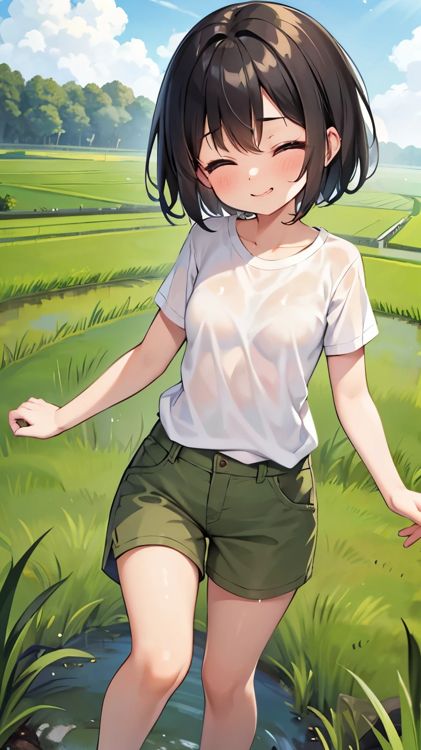 masterpiece, Highest quality, High resolution, Calm 1, 1 girl, Calm 1, 1 girl, Calm (Pokemon), alone, Grey Eyes, Black Hair, green Shorts, Red Tiara, shirt, tied shirt,, short hair, Short sleeve, Shorts, stripe, yellow shirt, belt, Middle class shooting, Grass, Field, smile, Are standing,