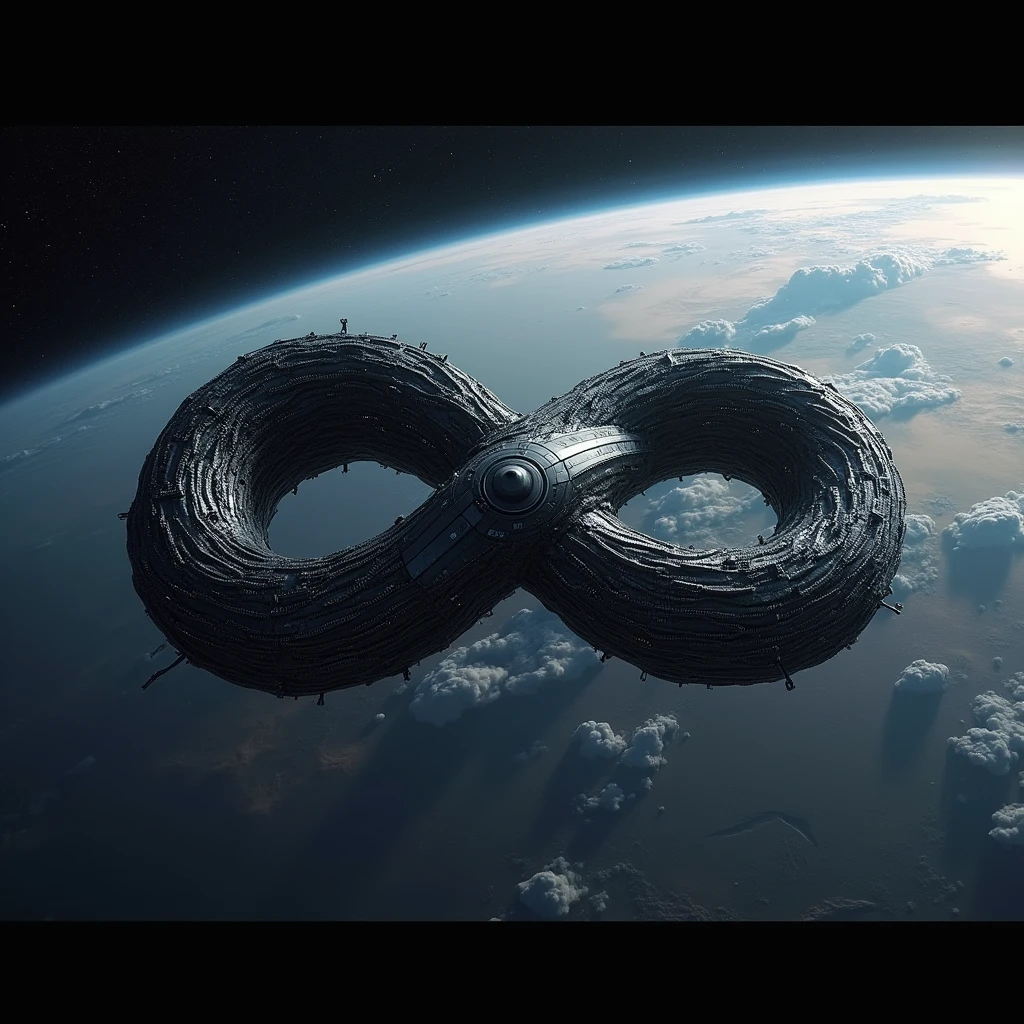an alien space ship in the form of infinity, flying in the earth's atmosphere, its whole body is rotating in a tangled way which make a shape of infinity  