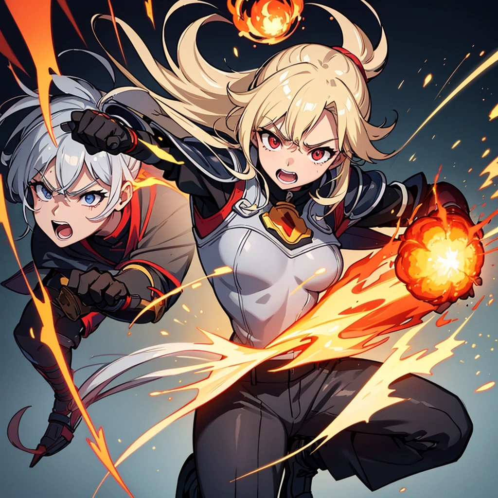 ((((Solo))))、Best illustrations、Best Quality、(Full body character concept、Character Design)、(((Grey Armor、Black trousers、Black gloves))、(woman、18-year-old)、(Blonde、Long Hair)、(Get Ready、Run)、(get annoyed、Open your mouth)、(Particles of light, light, fireball、inflammationの玉、inflammation、inflammationの魔法、Deathblow)、Dramatic Angle、Both hands in front、Diagonally from the side