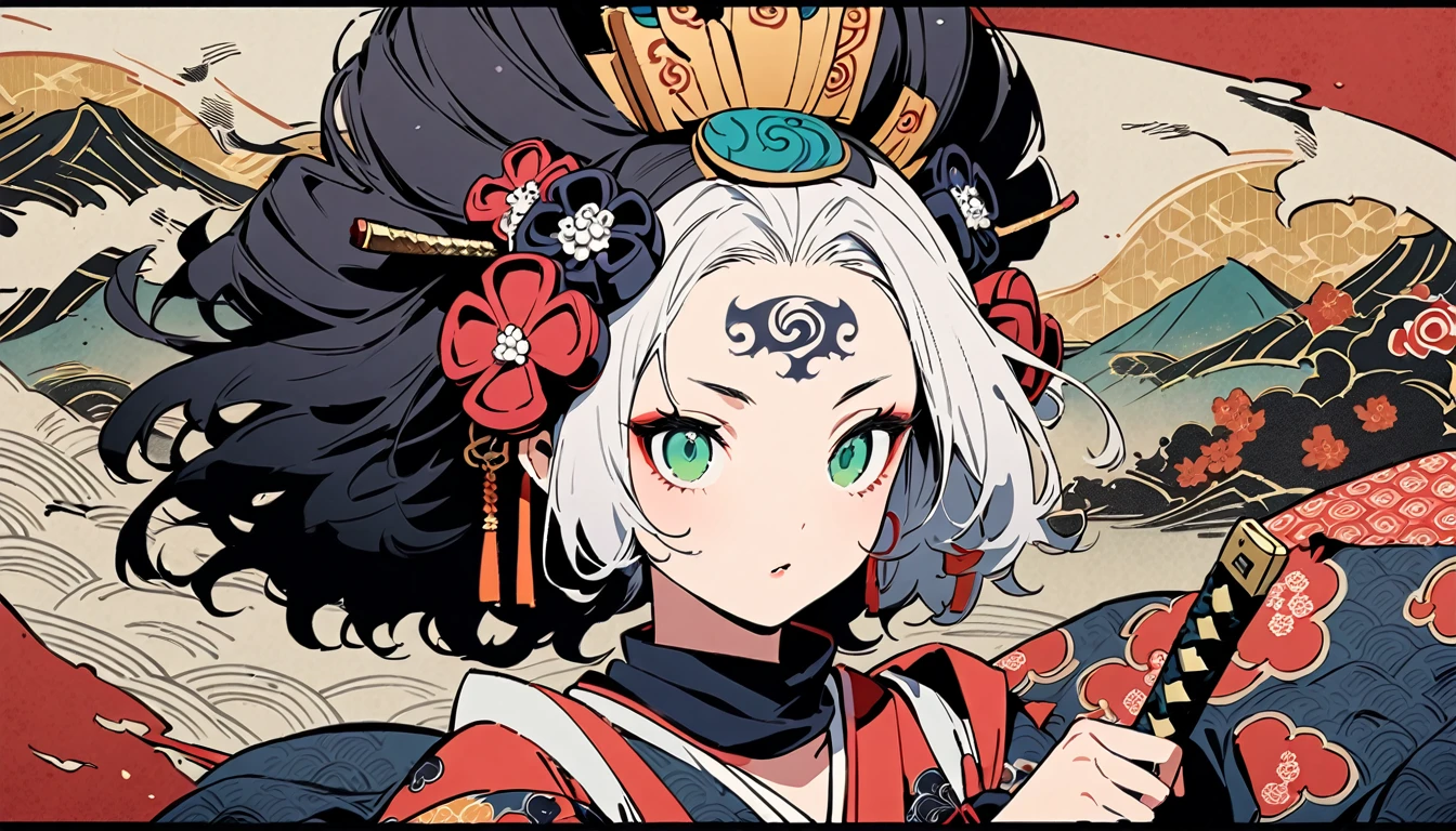 Ink painting, (((1 girl))), (((Tattoo in the middle of the forehead))),(((In the background is the Akatsuki moon))), (((dressed as a samurai))), (((holding a katana sword))), (((Oiran))), (((Great hair accessories))), Japanese style headphones, Demon possession, (((Green eyes with engraving inside))),Face up close, Japanese beauty, White hair, Sensitive and precise, Modern Ukiyo-e style, Highest quality, katsushika hokusai, (((Elements of horror))), beautiful girl, Sensitive and precise, Modern Ukiyo-e style, Cyberpunk city