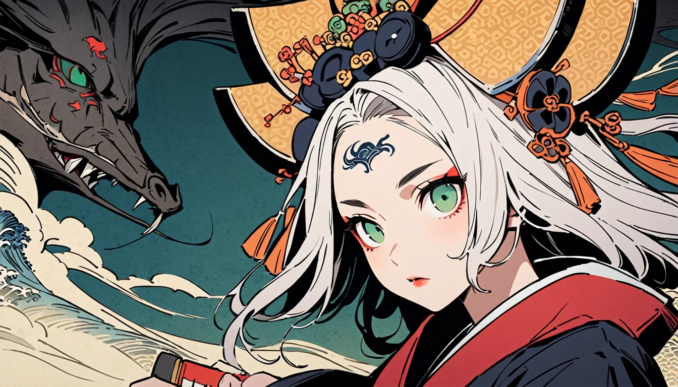 Ink painting, (((1 girl))), (((Tattoo in the middle of the forehead))),(((In the background is the Akatsuki moon))), (((dressed as a samurai))), (((holding a katana sword))), (((Oiran))), (((Great hair accessories))), Japanese style headphones, Demon possession, (((Green eyes with engraving inside))),Face up close, Japanese beauty, White hair, Sensitive and precise, Modern Ukiyo-e style, Highest quality, katsushika hokusai, (((Elements of horror))), beautiful girl, Sensitive and precise, Modern Ukiyo-e style, Cyberpunk city