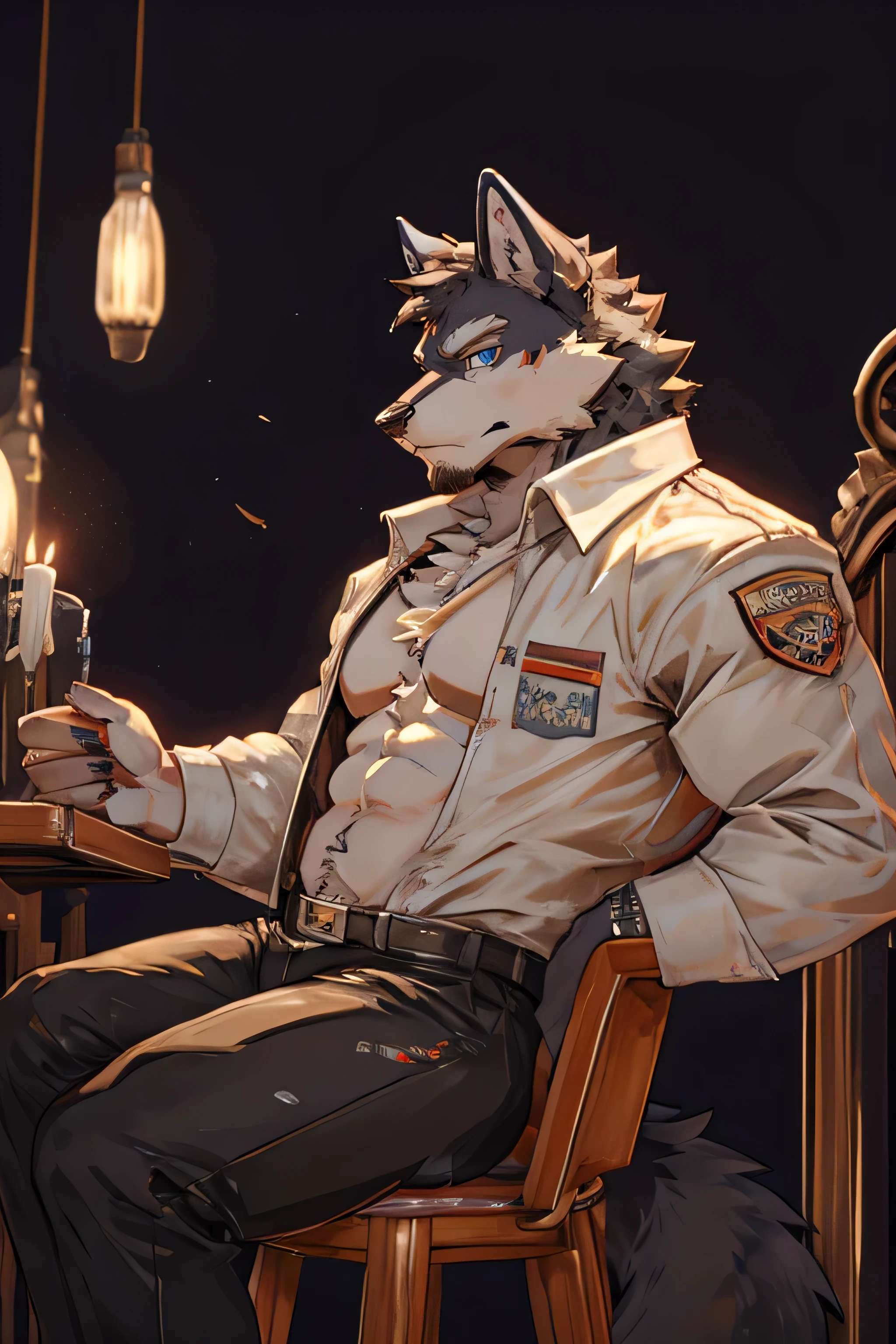 solo, wolf, handsome, detail face, detail eyes,pants,shirt,open clothes,Expose abdominal muscle,belly,simple background,